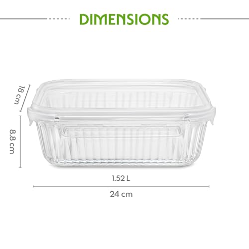 Image of Borosil 1.52 L Fluted Klip N Store Rectangle Food Storage Container with Air Tight Glass Lid | Borosilicate Glass Container for Lunchbox | Microwave & Dishwasher Safe | Transparent