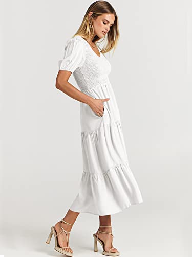 Anrabess Womens Short Sleeve V Neck Smocked High Waist Pleated Tiered Midi Dress Summer Beach Dresses 524Bai-Xl White #TOP3
