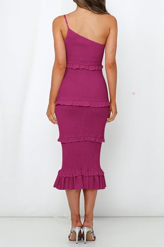 Image of PRETTYGARDEN Women's Summer Midi Bodycon Dresses One Shoulder Strappy Tiered Ruffle Floral Boho Sun Dress