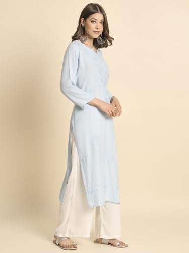 Image of VAIRAGEE Women's Embroidered Lukhnavi Chikankari Work Straight Rayon Ethnic Kurta | Casual Office Kurta for Women