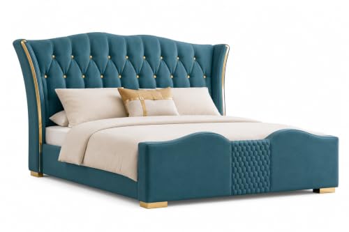 Image of Upholstered Queen Size Bed with Box Storage for Bedroom | Wooden Double Bed with Wooden Ply with Storage | Platform Cot Palang with Headboard | 6.5 x 5 Ft | Sheesham Wood | Teal Blue