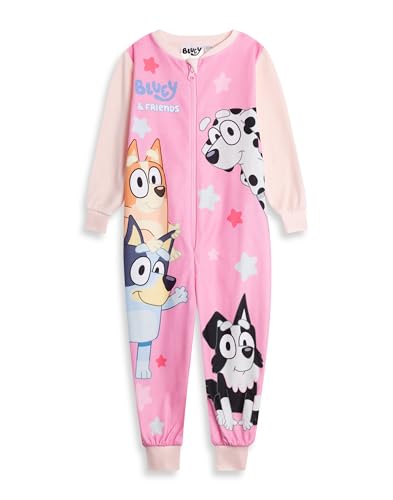 Bluey & Friends Girls Pink Onesie | Long Sleeve Zip-Up Microfleece Loungewear, Bingo, Chloe & Mackenzie | Sleepwear for Kids | Comfy Nightwear Merch - 4-5 Years