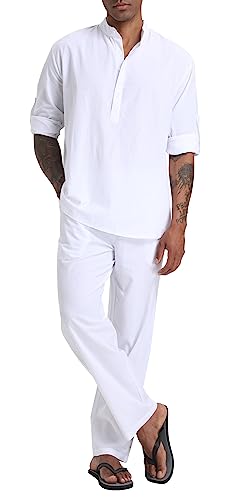 SIENDIU Herren-Leinensets, Henley-Shirts, 2-teilig, Urlaubs-Outfits, Strandkleidung, Freizeitanzug, Langarm-Shirt, Yogahose, Sommer, Weiss/opulenter...