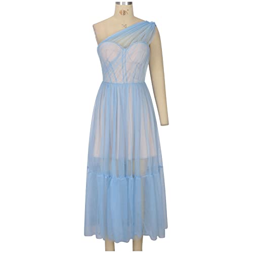 Vestido azul royal para outono vestido de baile para meninas adolescentes, sem mangas, um ombro, méd