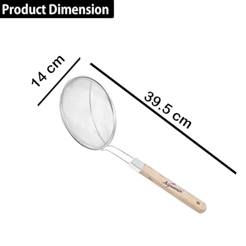 Image of Signamio Diameter 14 cm Stainless Steel Deep Fry Net Spoon Oil Strainer for Kitchen - Frying Spoon for Puri & Poori Strainer Kitchen Utensil for Frying, Cooking & Straining Tool Wood Handle
