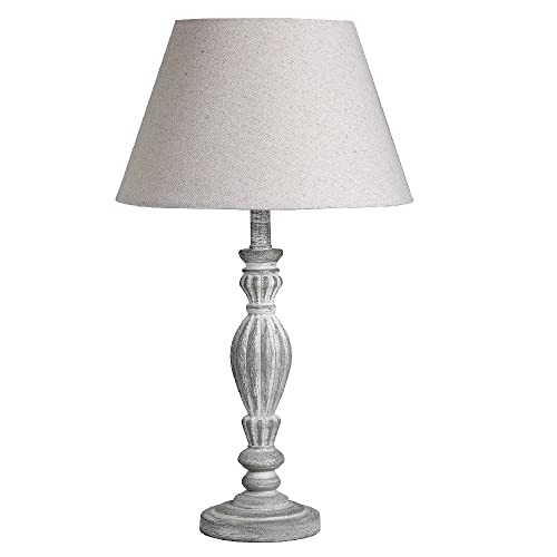 Grey Washed Wood Vintage Rustic Table Lamp with Linen Fabric Tapered Shade | 40cm Height | 1 x SES E14 Lamp Bulb Required | UK Approved | in-Line On Off Switch | Wooden Hand Carved