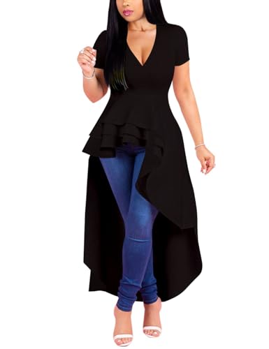 Lrady Womens V Neck Short Sleeve High Low Cocktail Party Dresses Peplum Tunic Tops Shirt Dress3