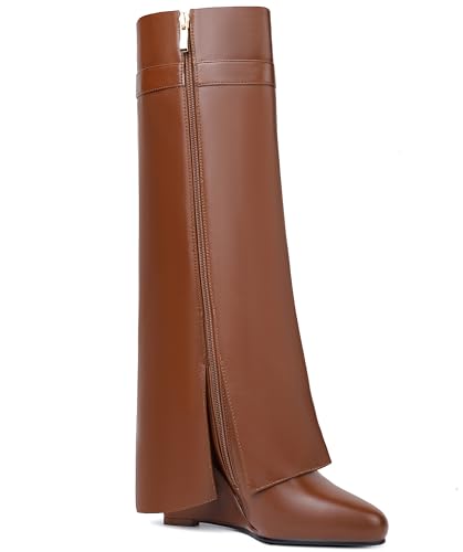 Image of Fold Over Boots for Women Pointy Pull-on Wedge Heel Knee Shark Boot With Side Zipper Padlock Design