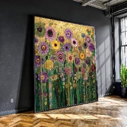 Tableau mural vintage aux fleurs dorées toile botanique de 50x50cm pour décoration