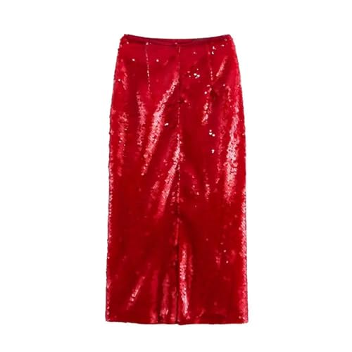 Women's Red Sequin High Waist Invisible Zipper Casual Party Midi Hip Skirt2