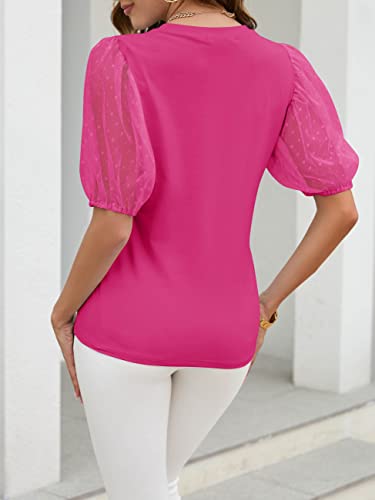 Merokeety Womens 2023 Summer Mesh Puff Short Sleeve Tops Crew Neck Polka Dot Casual Blouse Shirts,Hotpink,M #TOP2