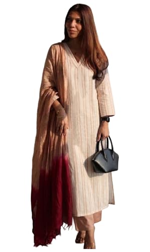 Image of GoSriKi Kurta Set for Women Viscose Printed | Kurti Set for Woman | Kurta Pant Dupatta 3 Piece Outfit | V Neck 3 /4 Sleeve Straight Fit Ethnic Dress Stylish Clothing