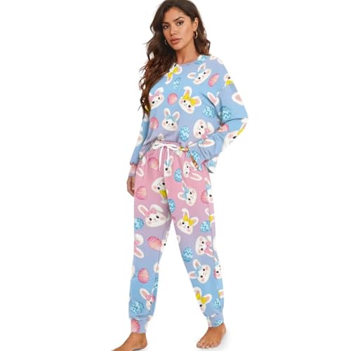Image of Womens Lounge Set Long Sleeve Soft Pajama Sets Casual 2 Piece Pj Outfit Crewneck Sleepwear with Pockets Plus Size