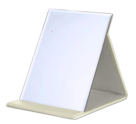 Image of Folding Portable Makeup Mirror with Adjustable Stand | HD Frameless Beveled Design | Travel-Friendly PU Leather Vanity Mirror for Desk, Dresser & Bathroom,Rectangular (White Square Edge Mirror)