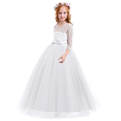 AFAVOM Flower Girl Lace Dress for Kids Wedding First Communion Dress Little Princess Pageant Bridesmaid Long Maxi Tulle Gown2