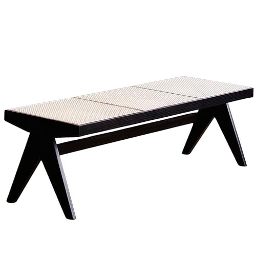 YQYQY天然ラタン編み 木製スツール コンパクト 通気性設計 簡単組立 オットマン 足置き 靴替えベンチ 省スペース 北欧風 無垢材 完成品 軽量 多機能 玄関 リビング 寝室 廊下 和室 収納 インテリア 1人掛け 2人掛け (ブラック,3人掛けベンチ