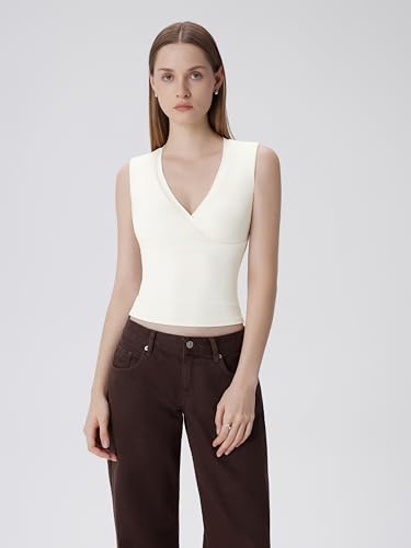 Image of SUUKSESS Women Built in Bra V Neck Tank Tops Double Lined Summer Going Out Camisole Tops