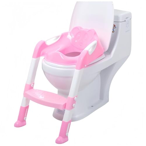 VZX階段付きチャイルドトイレシートアップグレードキッズ男の子女の子2 in 1調整可能な階段の高さ快適な安全トイレペダル (ピンク色階段)