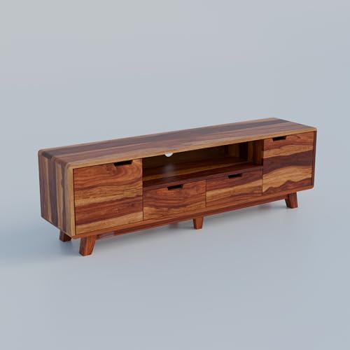 Image of DRIFTINGWOOD Regal Solid Sheesham Wood Modern TV Console for Upto 65 Inch TV, Entertainment Center with 5 Storage Compartments, Neutral Finish