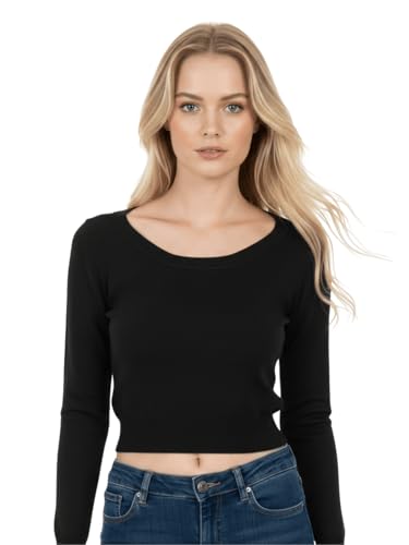 Image of Women's Crop Top Stretch Sweater - Long Sleeve Slim Bodycon Crewneck Casual Basic Solid Cropped Knit Pullover Top