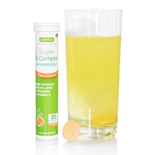 Super B-Complex Effervescente, Integratore per energia instantanea, Complesso di Vitamine B e C ad alto assorbimento, senza caffeina, sapore di arancia, Vegana, 20 compresse effervescenti