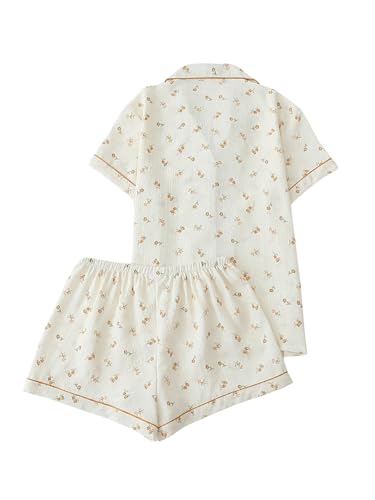 Image of Verdusa Pajamas For Women Set 2 Piece Summer Pajama Sets Cute Pjs Lounge Matching Button Shirt with Shorts Yellow Beige Medium