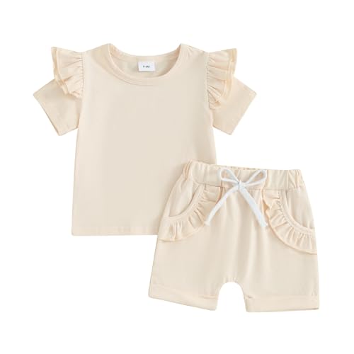Image of Toddler Baby Girls Summer Outfits Ruffle Short Sleeve T-Shirt Top Elastic Waist Shorts 2pcs Infant Clothes Set