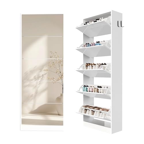 HXZDZ Mirror Shoe Cabinet with Explosion-Proof Glass - 5-Tier Space-Saving Entryway Storage Organizer, Slim Shoe Rack with Flip Drawers for Hallway, Closet & Apartment (White)