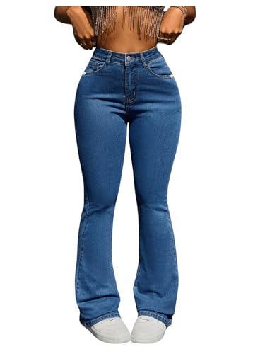 WDIRARA Women's High Waisted Flare Bell Bottom Jeans Stretchy Long Denim Pants