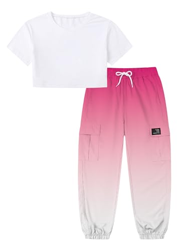 Image of Betusline Girls 2 Piece Set, White Cute Short Sleeve Crop Tops + Rose Pink Gradient Cargo Jogger Pants Clothes, 9-10Y = Tag 150