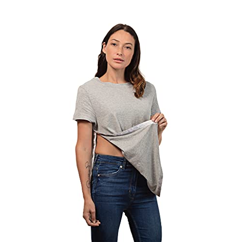 MAI Post Shoulder Surgery Shirts | Chemo Clothing | Women Short Sleeve Shirt | Easy Snaps on Shirt Sides and Full Arm Opening | Soft Fabric | Dialysis Clothing Heather Grey