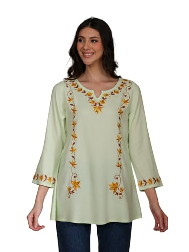 Image of QAZMI Women Kashmiri Aari Embroidered A-Line Viscose Rayon Short Kurti with Full Sleeves
