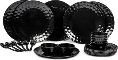 Juego de cena de melamina negro 24 piezas, apto para lavavajillas, microondas