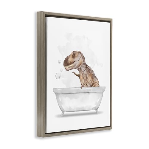 Image of T Rex Dino Bubble Bath Bathroom, 24 x 30 Inch Canvas in Floater Frame | Stupell Industries . By Ziwei Li . Ready to hang . Fun kids bathroom decor . Made in USA