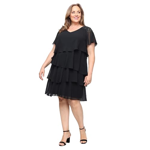 S.L. Fashions Women's V-Neck Chiffon Cocktail Dress with Beaded Shoulders and Asymmetrical Tiers,Black, 8P