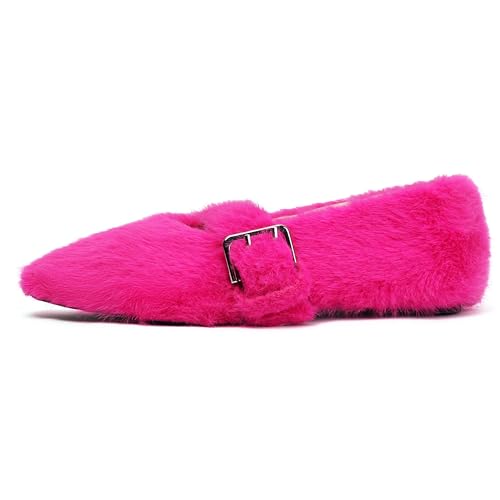Elbslutt Fur Ballet Flats for Women Pointed Toe Buckle Faux Shearling Mary Jane Flats Comfy Ballerina Flats Fashion Fuzzy Winter Cream Fur Flats Wedding Party3