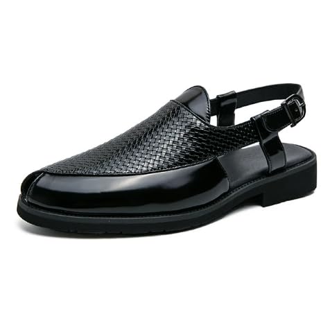 Men's Patchwork Leather Closed-toe Sandals with Adjustable Buckle Anti-slip Breathable Pointed-toe Block-heel Slippers for Business Walking Driving Office Dress Shoes2