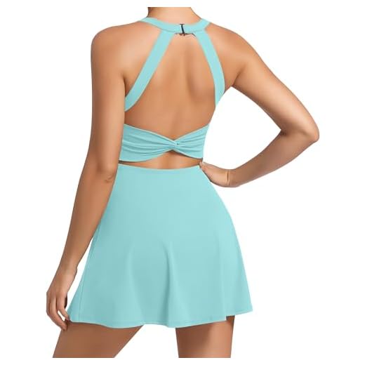 Womens Workout Tennis Dress with Built in Shorts and Bra Athletic Golf Activewear for Exercise Light Blue
