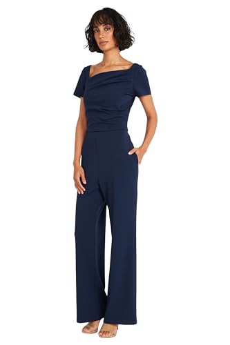 Maggy London Stylish and Chic Asymmetric Neck Short Sleeves | Jumpsuits for Women Dressy, Navy Blazer