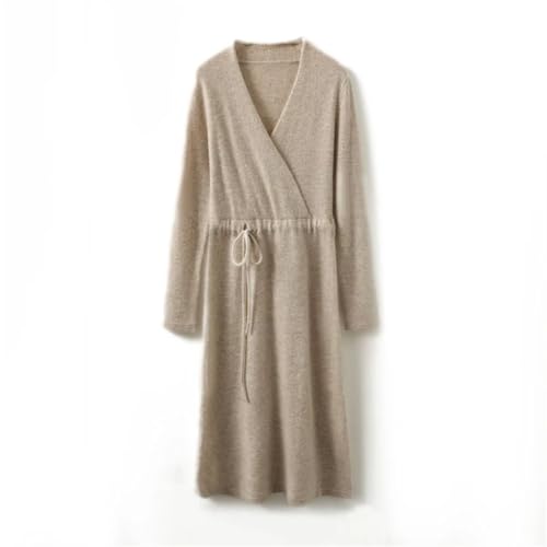 Women's V-Neck Pullover Dress 100% Merino Wool Long Sleeve Sweater Skirt with Waist Tie Autumn Winter Outfit2