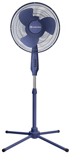 Comfort Zone 16-Inch Oscillating Pedestal Fan 3-Speed High-Velocity Cooling Adjustable Height & Tilt Quad-Pod Folding Base Blue ETL Listed