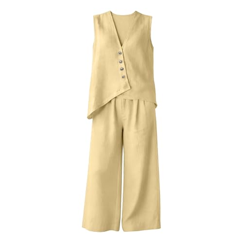 Conjunto lino mujer de diseño elegante con chaleco botones y pantalón 4
