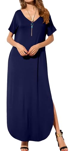 Image of GRECERELLE Women's Summer Maxi Dress Casual Loose V Neck Short Sleeve Side Split Long Dresses with Functional Pockets