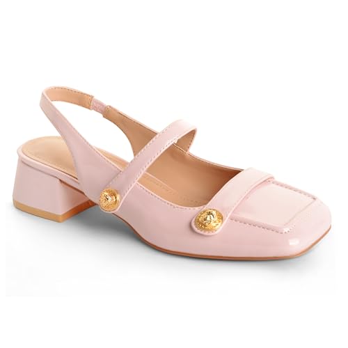 Image of Slingback Mary Jane Heels for Women Low Block Heel Closed Square Toe Pump Shoes Heels Classic Daily Office Dressy Shoes