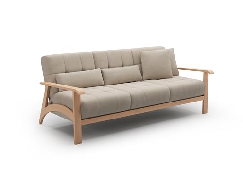 Cavadore 3er-Sofa Billan / 3-Sitzer Schlafsofa im skandinavischen Design mit Bett und massivem Holzgestell in Buche / 199 x 88 x 106 / Flachgewebe, Beige