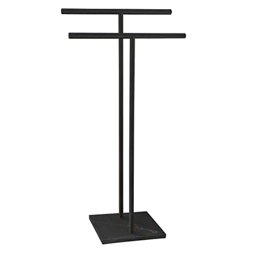 40 Inch Freestanding Towel Rack for Bathroom Floor Double-T Shape Bath Sheet Holder with Marble Design Base Standing Towel bar Next to Tub or Shower Towel Holder Stand SUS304 Matte Black