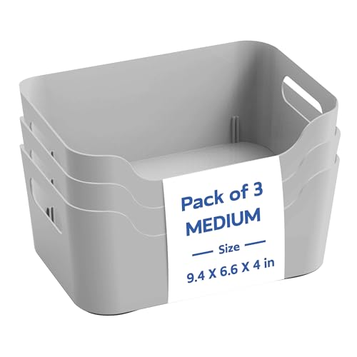 Image of KOLORR Jolly Plastic Medium Baskets with Handle for Storage Box| Multipurpose Light Weight Plastic Baskets organiser for Make-up Stationary Cosmetics Kitchen Livingroom Bathroom | Pack of 3 - Grey