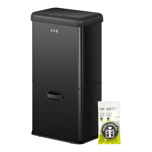 EKO Vintage 50L Dual Compartment Sensor Bin, 32L+18L Stainless Steel Kitchen Waste & Recycling Bin for Home Office, Matte Black