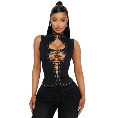 Women's Sexy Hollow Out Denim Vest Skinny Lace Up Drawstring Sleeveless Stand Collar Crop Tank Tops