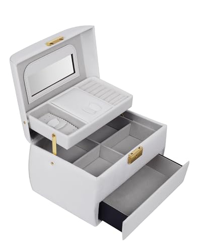 Image of BucketList Luxury PU Leather Jewellery Box with Mirror & Lock | Multi-Layer Organizer with Drawers, Ring Slots & Handle | Premium Storage Case (3 Layer Jewellery Box With Mirror (White))